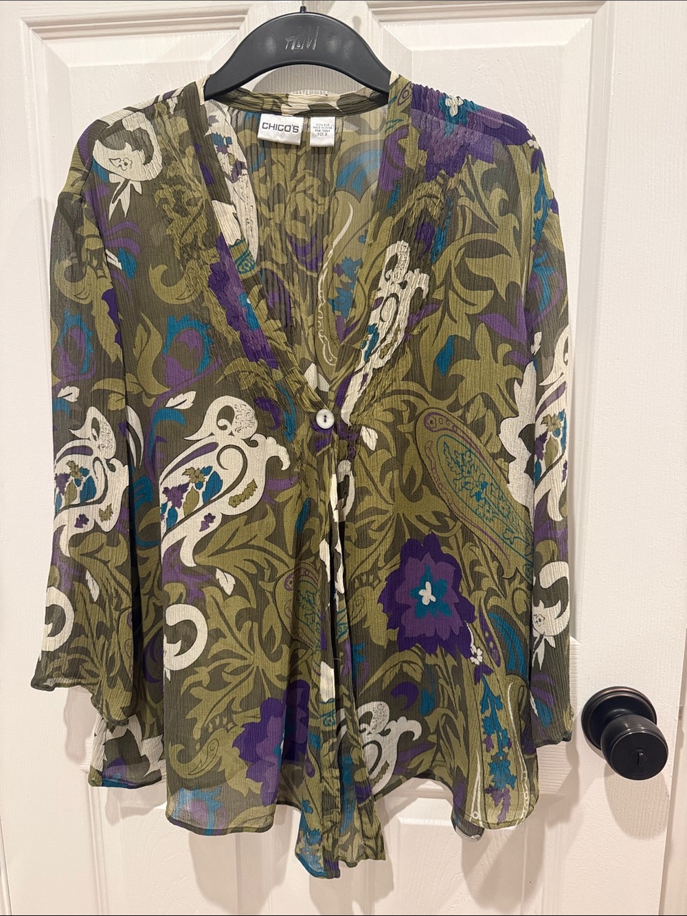 Chico's Olive Floral Paisley Single Button Cardigan